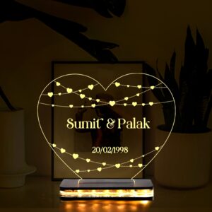 Heart Shape Night Lamp With Customized Names And Date In Warm White Color