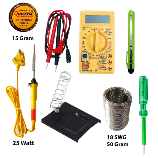 Vincentvolt Combo of 7 Soldering Kit With Soldering Iron, Stand, 18swg Wire, 15g Paste, Tester, Mini Cutter and Multimeter