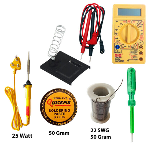 Combo of 6 Soldering Kit With Soldering Iron, Stand, 22swg Wire, 15g Paste, Tester and Multimeter