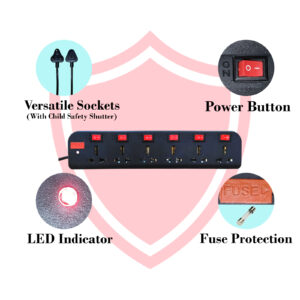 Vincentvolt Power Plate 5 Extension Board with 5 Universal Sockets, 1.5 Meter Long Cord, 1000 Watts, Child Safety Shutter, 3 Pin Multi Plug for Home Appliances (Black)