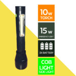 Vincentvolt Handheld Rechargeable Flashlight with 10 Watt Torch with 15 Watt COB Side Light, LED, Black and Yellow 2 Pin Plug Long Range