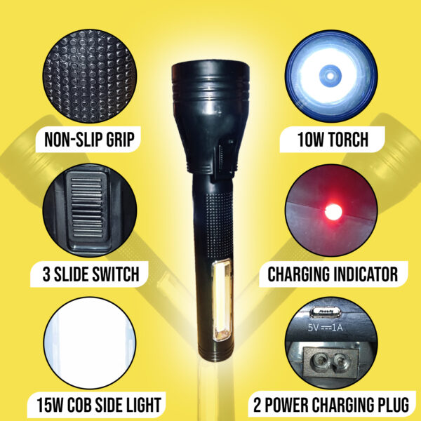 Vincentvolt Handheld Rechargeable Flashlight with 10 Watt Torch with 15 Watt COB Side Light, LED, Black and Yellow 2 Pin Plug Long Range