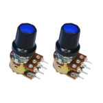 100K Dual Gang Rotary Potentiometer with Blue Color Knob or Cap, D-Shape Shaft Handle, 6-Pin
