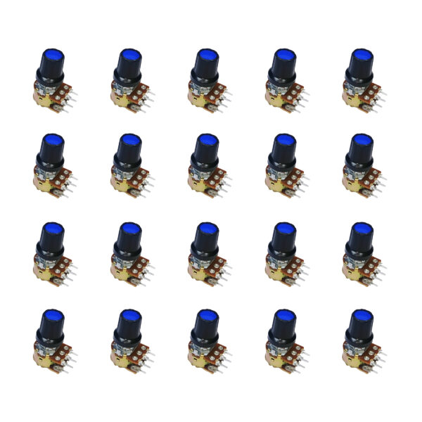 100K Dual Gang Rotary Potentiometer with Blue Color Knob or Cap, D-Shape Shaft Handle, 6-Pin