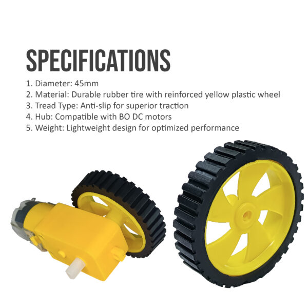 45mm x 12mm Durable Rubber Wheels Yellow Color 45mm Diameter for BO Motor