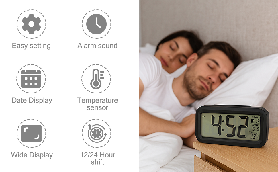 Digital Alarm Clock with Automatic Sensor, Large LCD Display for Time, Date, and Temperature, Ideal Table Clock for Home, Office, and Students (Black Digital) Digital Alarm Clock with Automatic Sensor, Large LCD Display for Time, Date, and Temperature, Ideal Table Clock for Home, Office, and Students (Black Digital)