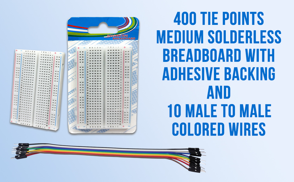 400 Tie Points Medium Solderless Breadboard with Adhesive Backing and 10 Male to Male Colored wires (2) 400 Tie Points Medium Solderless Breadboard with Adhesive Backing and 10 Male to Male Colored wires