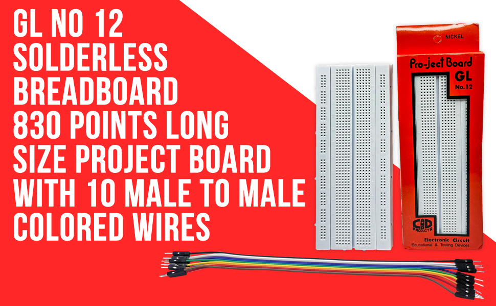 GL No 12 Solderless Breadboard – 830 Points Long Size Project Board with 10 Male to Male Colored Wires (3) GL No 12 Solderless Breadboard – 830 Points Long Size Project Board with 10 Male to Male Colored Wires