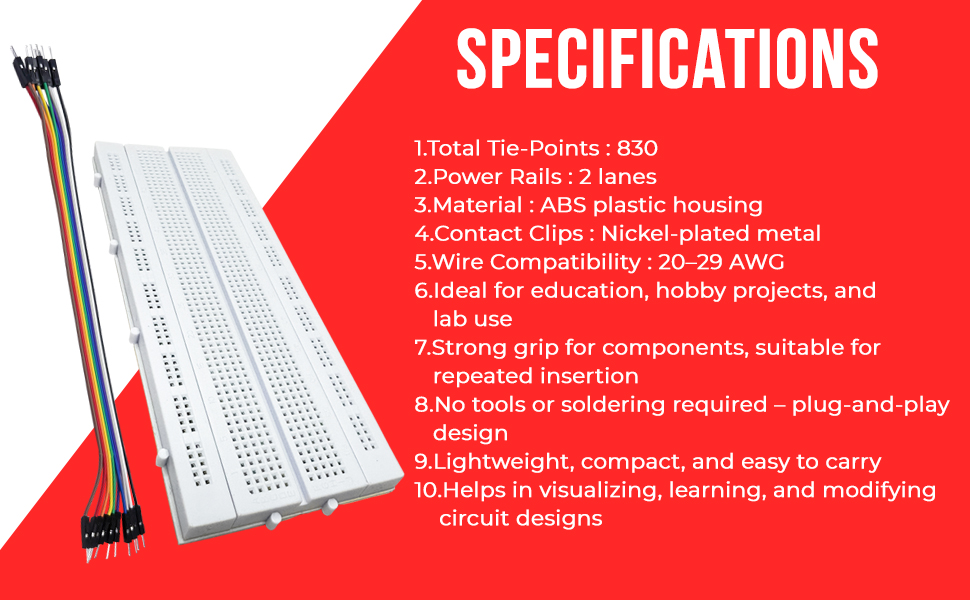 GL No 12 Solderless Breadboard – 830 Points Long Size Project Board with 10 Male to Male Colored Wires (4) GL No 12 Solderless Breadboard – 830 Points Long Size Project Board with 10 Male to Male Colored Wires