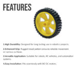 300 rpm BO Dual Shaft 3V – 9V DC Motor Straight with 45mm x 12mm Durable Rubber Wheels Yellow Color 45mm Diameter pack of 2 pair