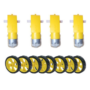 300 rpm BO Dual Shaft 3V – 9V DC Motor Straight with 45mm x 12mm Durable Rubber Wheels Yellow Color 45mm Diameter pack of 4 pair